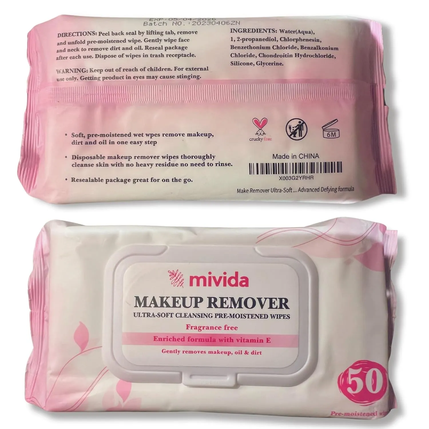 Mivida Hypoallergenic Makeup Remover Wipes | Daily Cleansing Facial Towelettes with Vitamin E For Sensitive Skin | 50 Count Fragrance-Free, Alcohol-Free Face Wipes