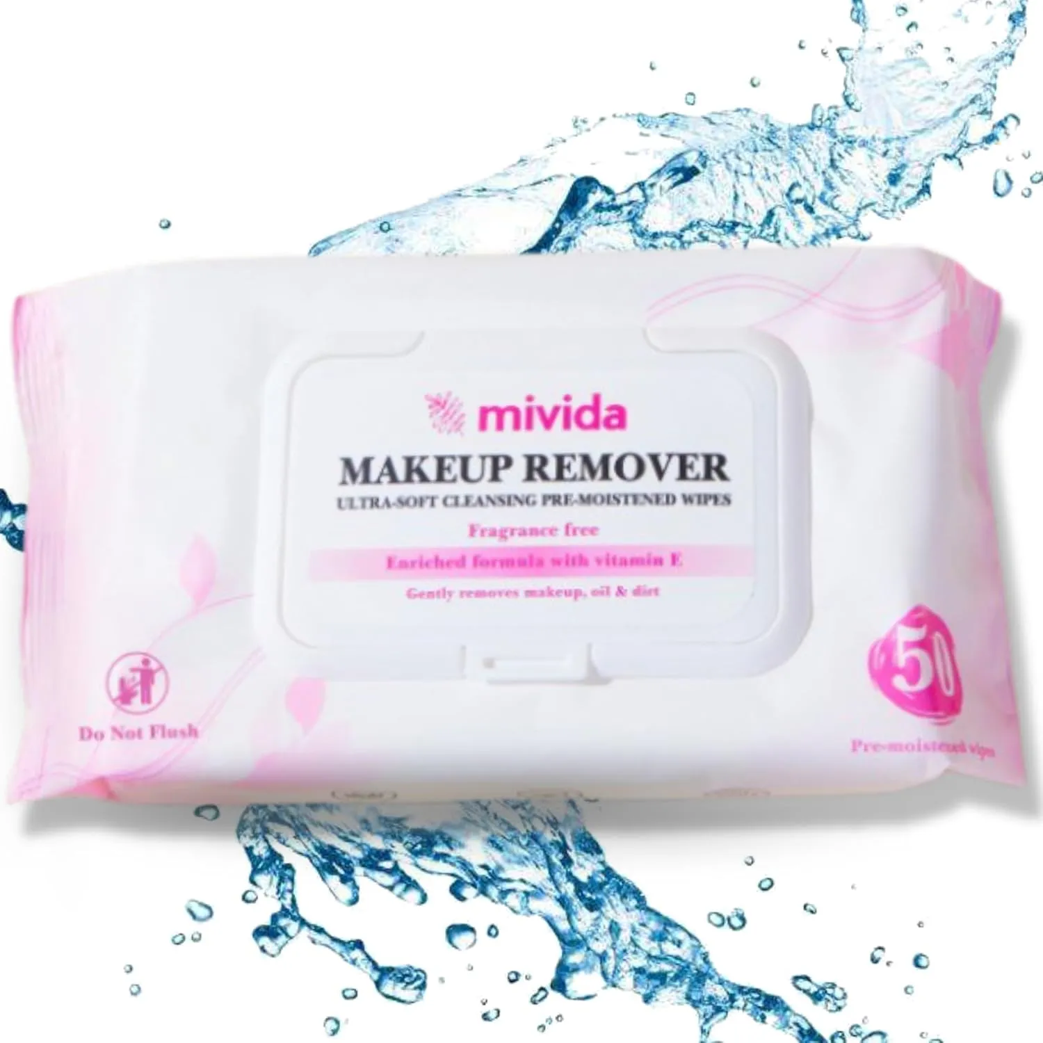 Mivida Hypoallergenic Makeup Remover Wipes | Daily Cleansing Facial Towelettes with Vitamin E For Sensitive Skin | 50 Count Fragrance-Free, Alcohol-Free Face Wipes