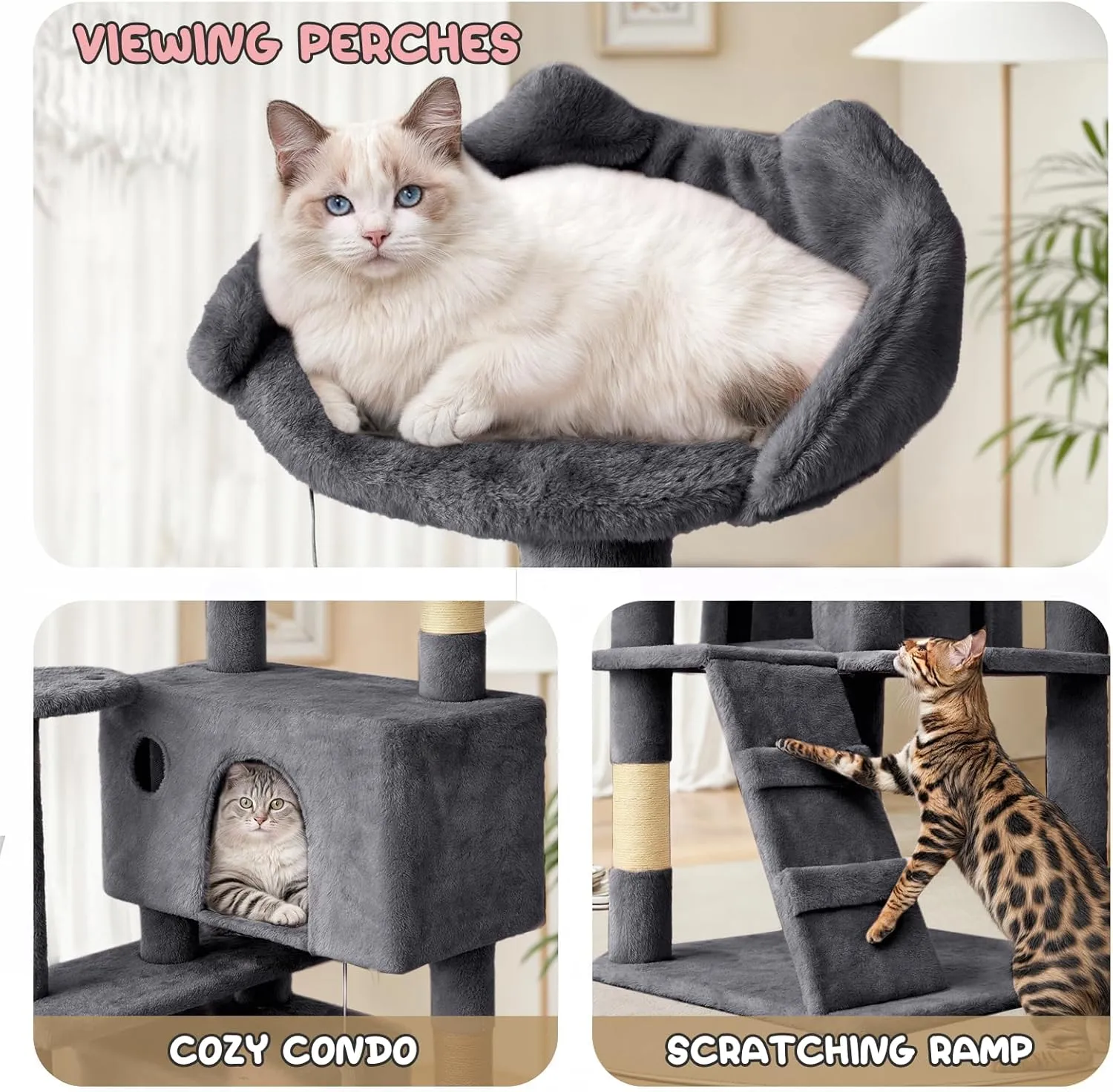 MoNiBloom 60 Inch Cat Tree Tower for Indoor Cats Large Adults, Cat Tower with Scratching Post, Multi-Level Furniture Activity Center with Cat Condo Pet Play House, Smoky Grey
