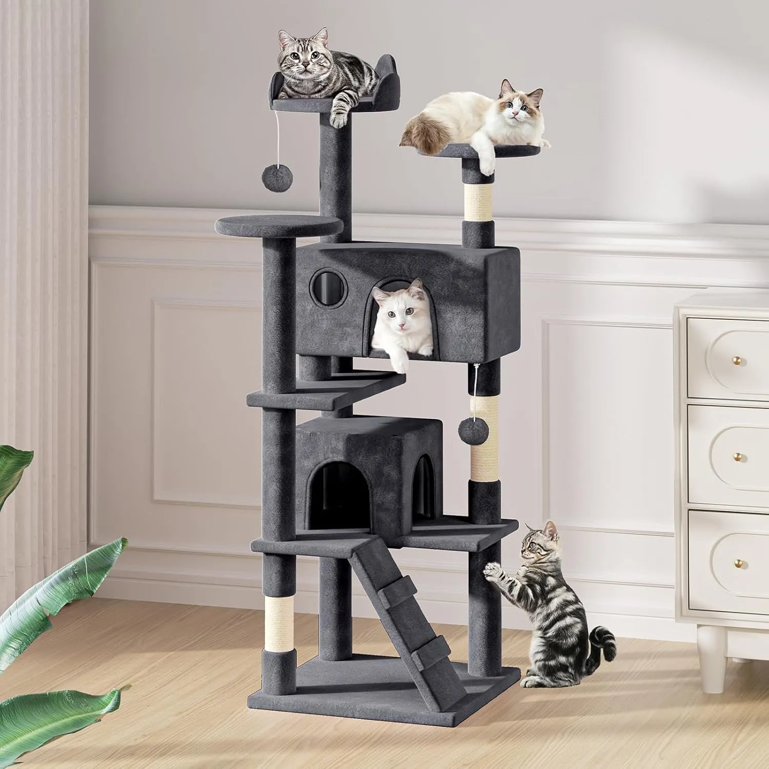 MoNiBloom 60 Inch Cat Tree Tower for Indoor Cats Large Adults, Cat Tower with Scratching Post, Multi-Level Furniture Activity Center with Cat Condo Pet Play House, Smoky Grey