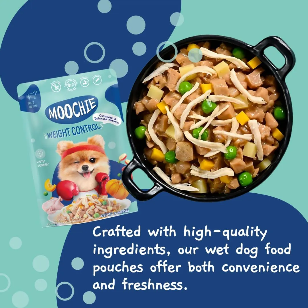 MOOCHIE Grain Free Small Dogs Wet Dog Food - Weight Control - Turkey, Sweet Potato & Pumpkin - No Artificial Flavors or Preservative - 12 x 3 oz Pouch