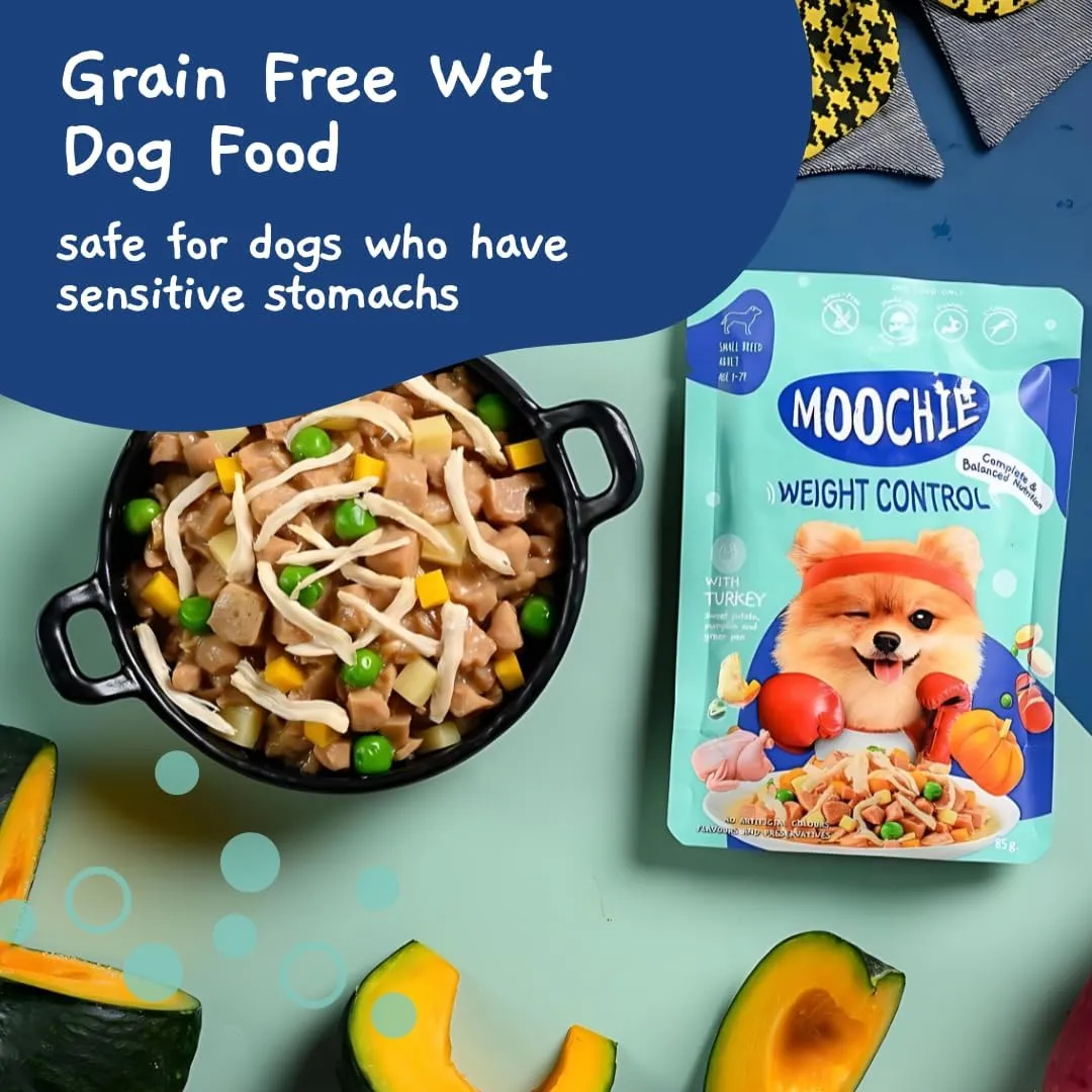 MOOCHIE Grain Free Small Dogs Wet Dog Food - Weight Control - Turkey, Sweet Potato & Pumpkin - No Artificial Flavors or Preservative - 12 x 3 oz Pouch