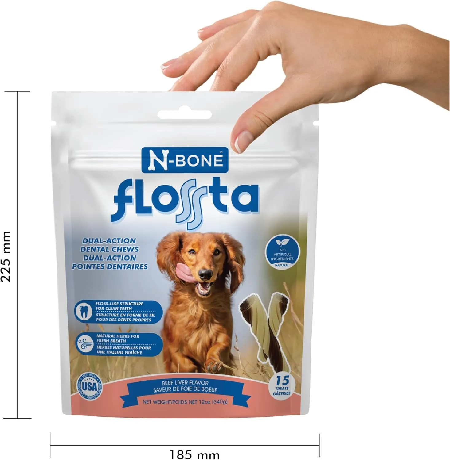 N-Bone FLOSSta Dental Chews for Dogs  Natural Beef Liver Flavor, No Dyes, Grain-Free, Breath Freshening, Plaque & Tartar Control, Digestible Teething Aid  12 oz Bag