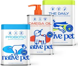 Native Pet Digestive & Wellness Boost Bundle: Probiotic for Dogs (8.2 Oz.), Daily Multivitamin (14 Oz.), & Omega 3 Fish Oil (16 Oz.)
