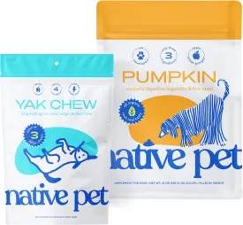Native Pet Organic Pumpkin for Dogs (32 oz.) Yak Chews for Dogs (3 Large Chews) - All-Natural, Organic Fiber Pumpkin Powder and All Natural Dental Chews for Dogs Made with Yak Cheese
