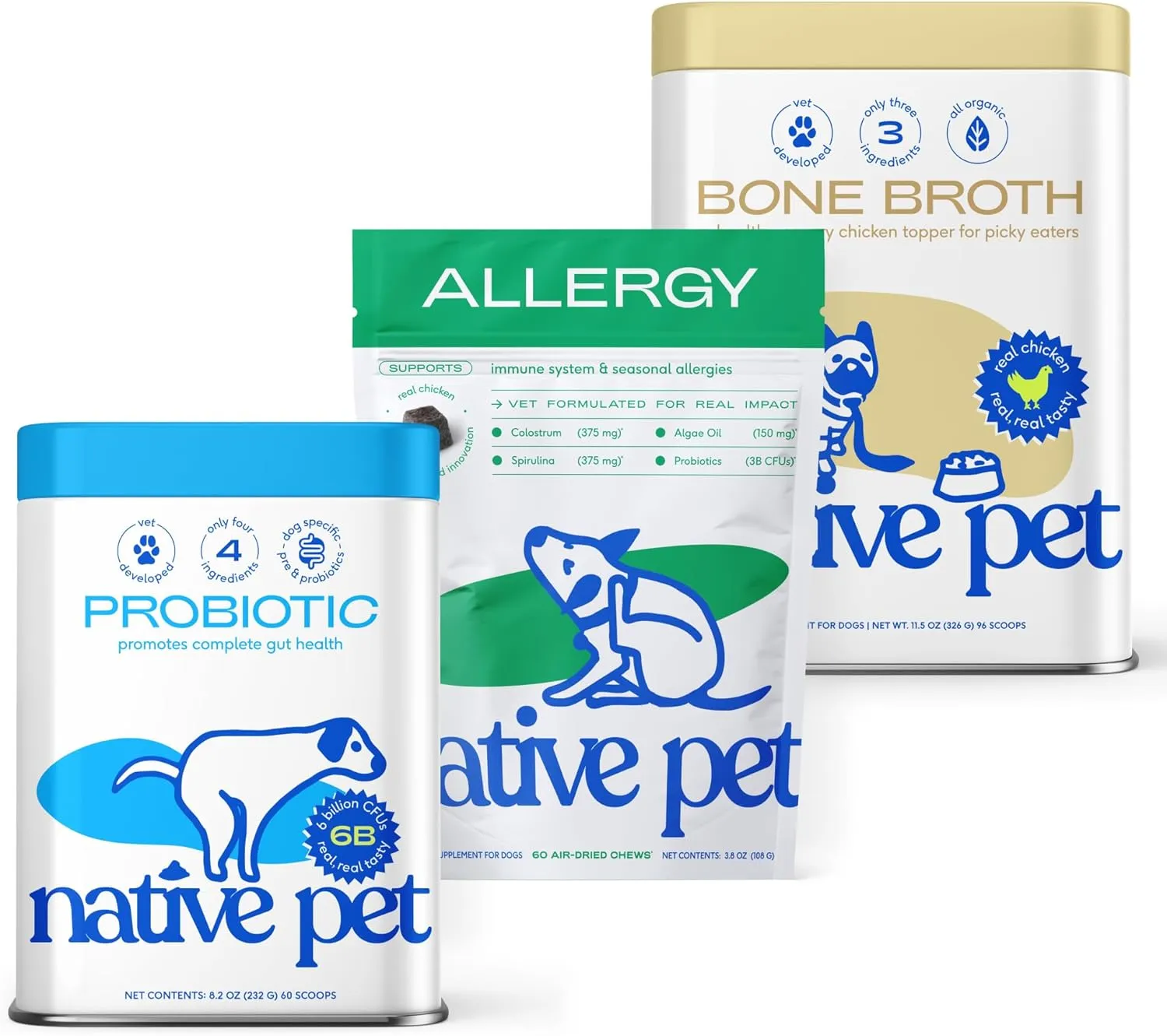 Native Pet Probiotic for Dogs (16.4 Oz.), Chicken Bone Broth for Dogs (11.5 Oz.) & Allergy Chews (60 Air-Dried Chews) - Dog Food Topper for Picky Eaters & Probiotics Itch Relief Bundle Pack