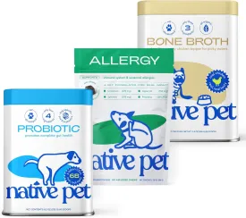 Native Pet Probiotic for Dogs (16.4 Oz.), Chicken Bone Broth for Dogs (11.5 Oz.) & Allergy Chews (60 Air-Dried Chews) - Dog Food Topper for Picky Eaters & Probiotics Itch Relief Bundle Pack