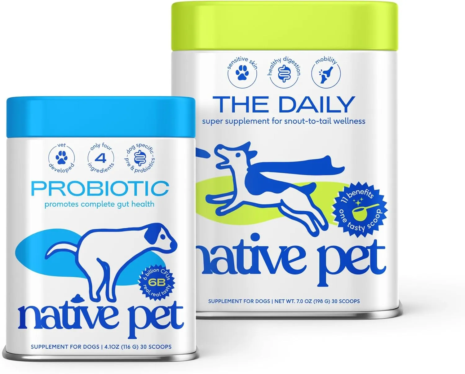 Native Pet Probiotic for Dogs (4.1 Oz.) & The Daily Dog Vitamins & Supplements (7 Oz.) - Vet Created Probiotic Powder for Digestive Issues & 11-in-1 Multivitamin with 21 Supplements & Vitamins