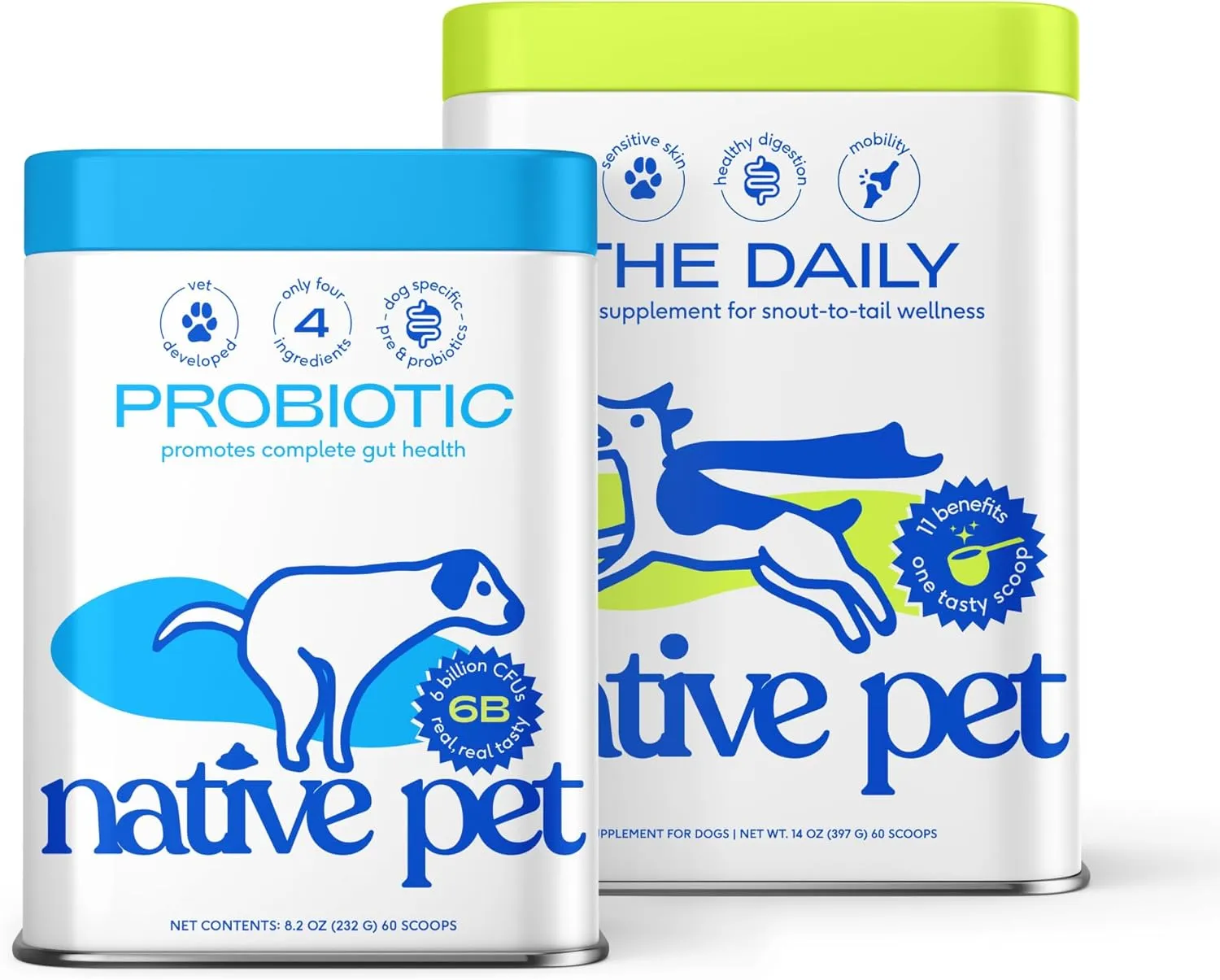 Native Pet Probiotic for Dogs (8.2 Oz.) & The Daily Dog Vitamins & Supplements (14 Oz.) - Vet Created Probiotic Powder for Digestive Issues & 11-in-1 Multivitamin with 21 Supplements & Vitamins