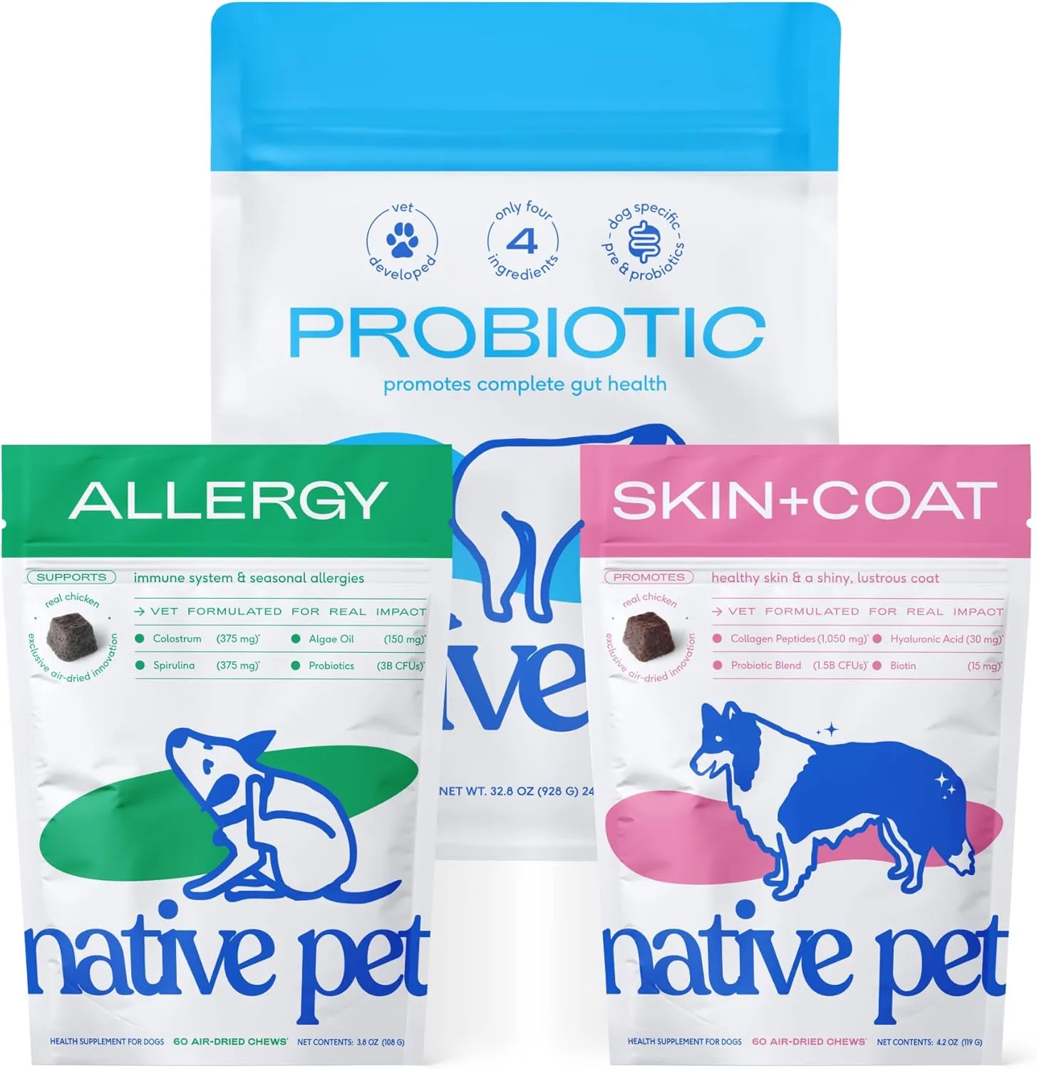 Native Pet Ultimate Itch Relief & Skin Health Bundle  Probiotic Powder for Dogs (32.8 Oz.), Allergy Chews (60 Air-Dried Chews) & Skin and Coat Chews (60 Air-Dried Chews) Promotes Over All Health