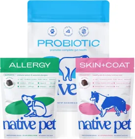 Native Pet Ultimate Itch Relief & Skin Health Bundle  Probiotic Powder for Dogs (32.8 Oz.), Allergy Chews (60 Air-Dried Chews) & Skin and Coat Chews (60 Air-Dried Chews) Promotes Over All Health