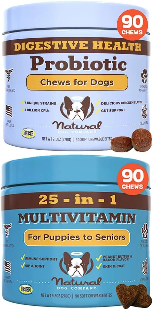 Natural Dog Company Multivitamin and Probiotic Chews Bundle: Complete Nutritional Support for Dogs, Boosts Immune System, Enhances Digestive Health, Ideal for Senior Dogs and with Sensitive Stomachs