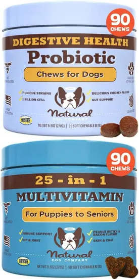 Natural Dog Company Multivitamin and Probiotic Chews Bundle: Complete Nutritional Support for Dogs, Boosts Immune System, Enhances Digestive Health, Ideal for Senior Dogs and with Sensitive Stomachs