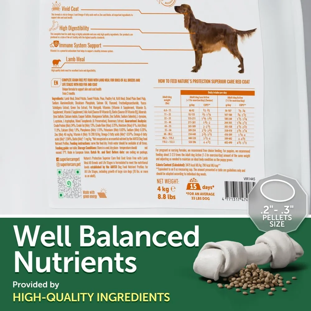 Nature's Protection Superior Care Grain-Free Dry Dog Food - High Protein, Coat Shine Dog Food for Small Breeds Red Coated Adult Dogs, Fresh Pet Meal, Lamb, 22 lb