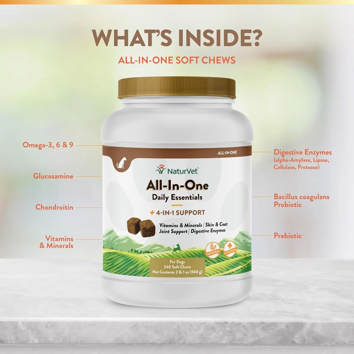NaturVet All-in-One Dog Supplement - for Joint Support, Digestion, Skin, Coat Care  Dog Multivitamins with Minerals, Omega-3, 6, 9  Wheat-Free Vitamins for Dogs  240 Soft Chews