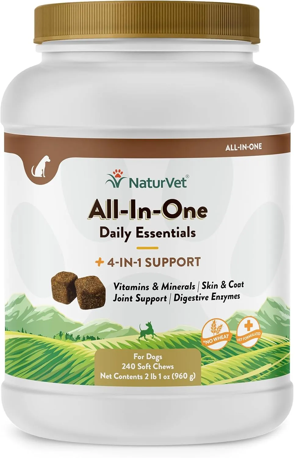 NaturVet All-in-One Dog Supplement - for Joint Support, Digestion, Skin, Coat Care  Dog Multivitamins with Minerals, Omega-3, 6, 9  Wheat-Free Vitamins for Dogs  240 Soft Chews