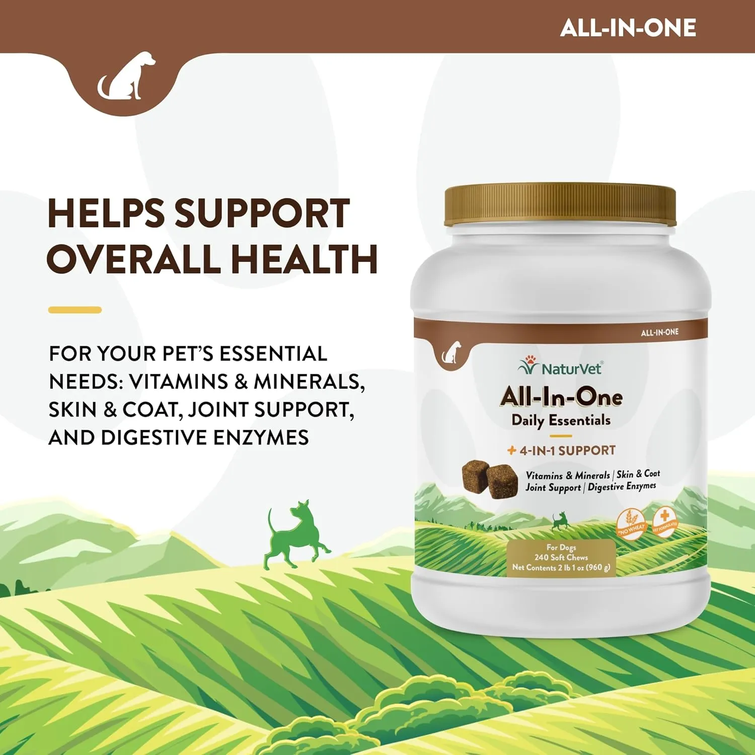 NaturVet All-in-One Dog Supplement - for Joint Support, Digestion, Skin, Coat Care  Dog Multivitamins with Minerals, Omega-3, 6, 9  Wheat-Free Vitamins for Dogs  240 Soft Chews