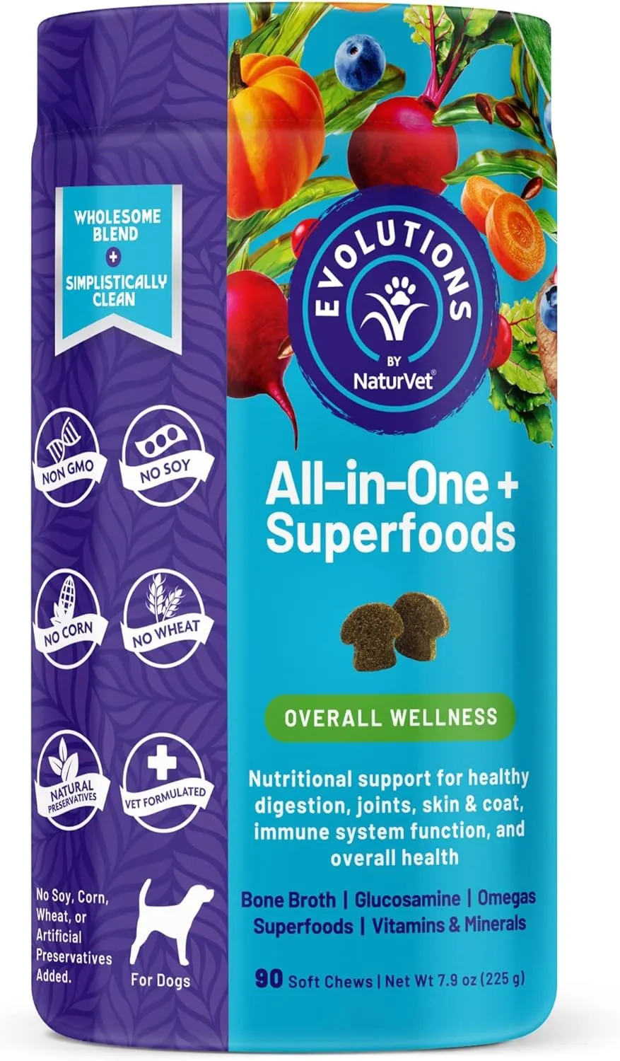 NaturVet Evolutions All-in-One   Superfoods 90ct Soft Chews for Dogs - Bone Broth, Superfoods Provides Nutritional Support for Healthy Digestion, Joints, Skin & Coat, Immune System, Overall Health
