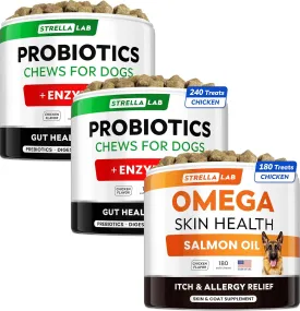 Omega 3   Probiotics Dogs Bundle - Allergy & Itch   Improve Digestion & Immunity - Omega 3 & Pumpkin   Digestive Enzymes - Prebiotics - Itchy Skin   Itching & Licking Treats - 420 Chews - Made in USA