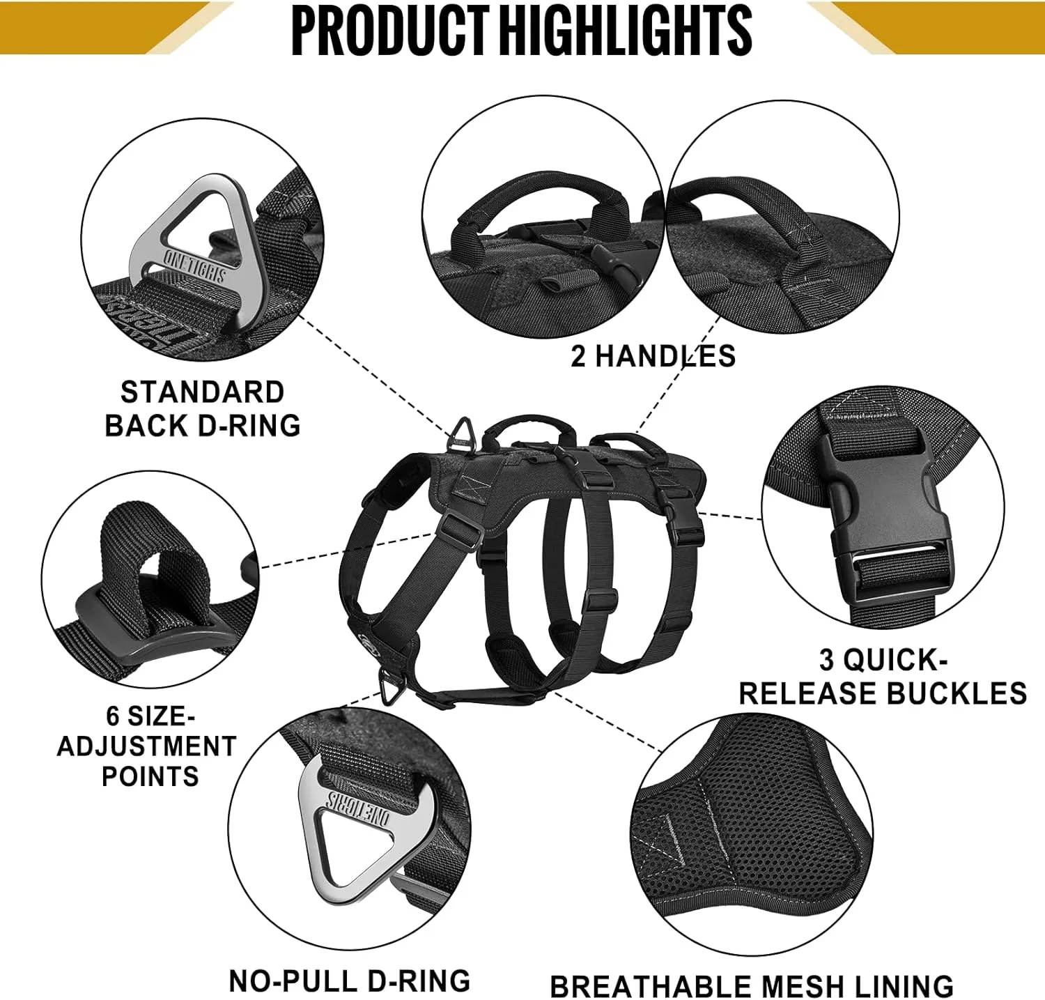 OneTigris Escape Proof Dog Harness, No Pull Dog Harness with Handles, Tactical Multi-Use Support Dogs Harnes for Large Dogs Everyday Wear Walking Hiking Training (Black, Medium)