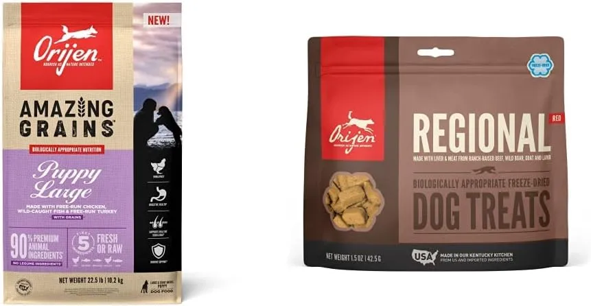 ORIJEN Dry Dog Food, High Protein, Amazing Grains Puppy Large Breed 22.5LB Freeze Dried Dog Treats, Regional Red, 1.5oz