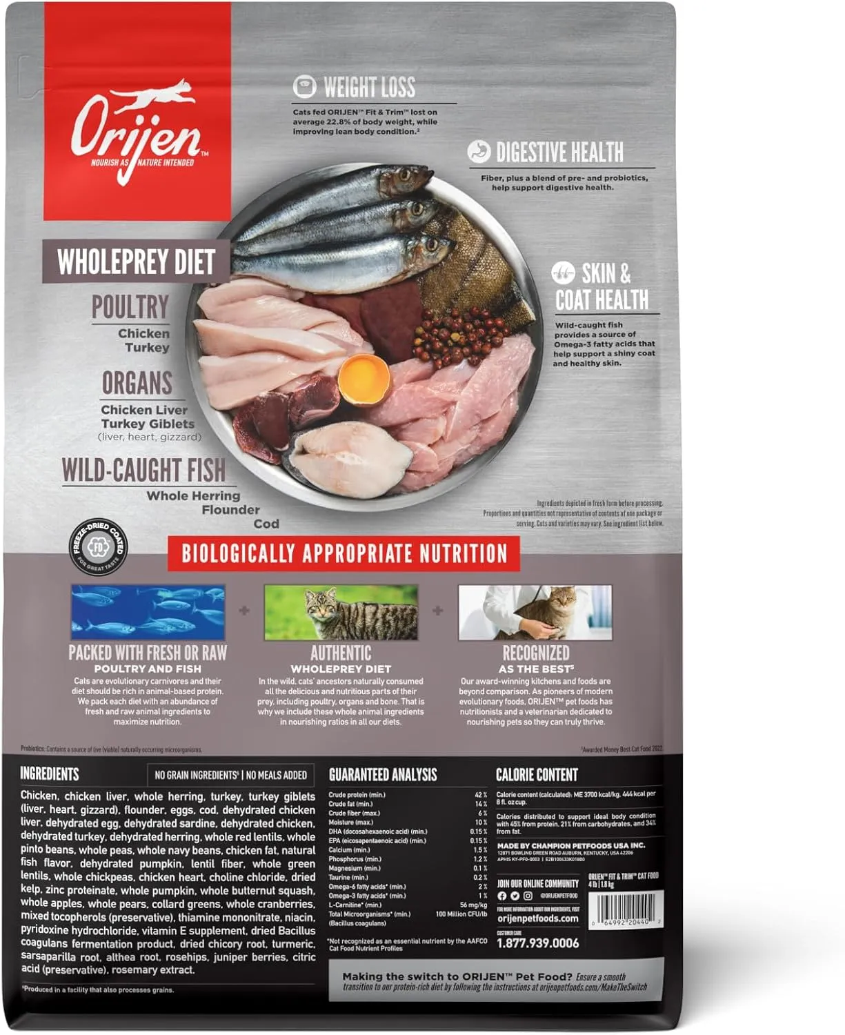 ORIJEN Fit and Trim Dry Cat Food, Grain Free Cat Food for Adult Cats, with WholePrey Ingredients, 4lb