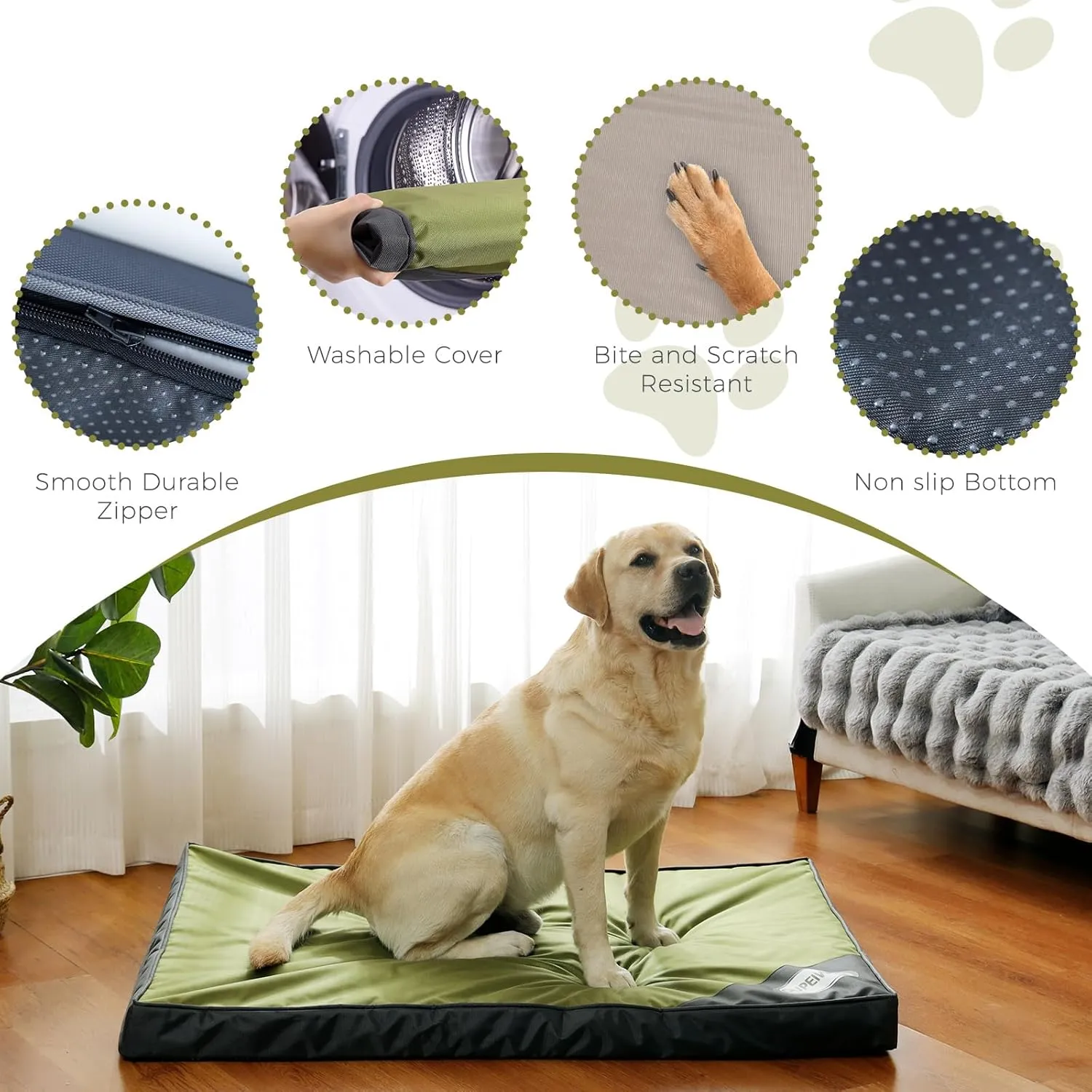 Orthopedic Outdoor Waterproof Dog Beds for Extra Large Dogs, Washable Crate Bed with Egg Crate Foam Pet Bed Mat and Removable Oxford Fabric Cooling Cover,45"x 32", Dark Green