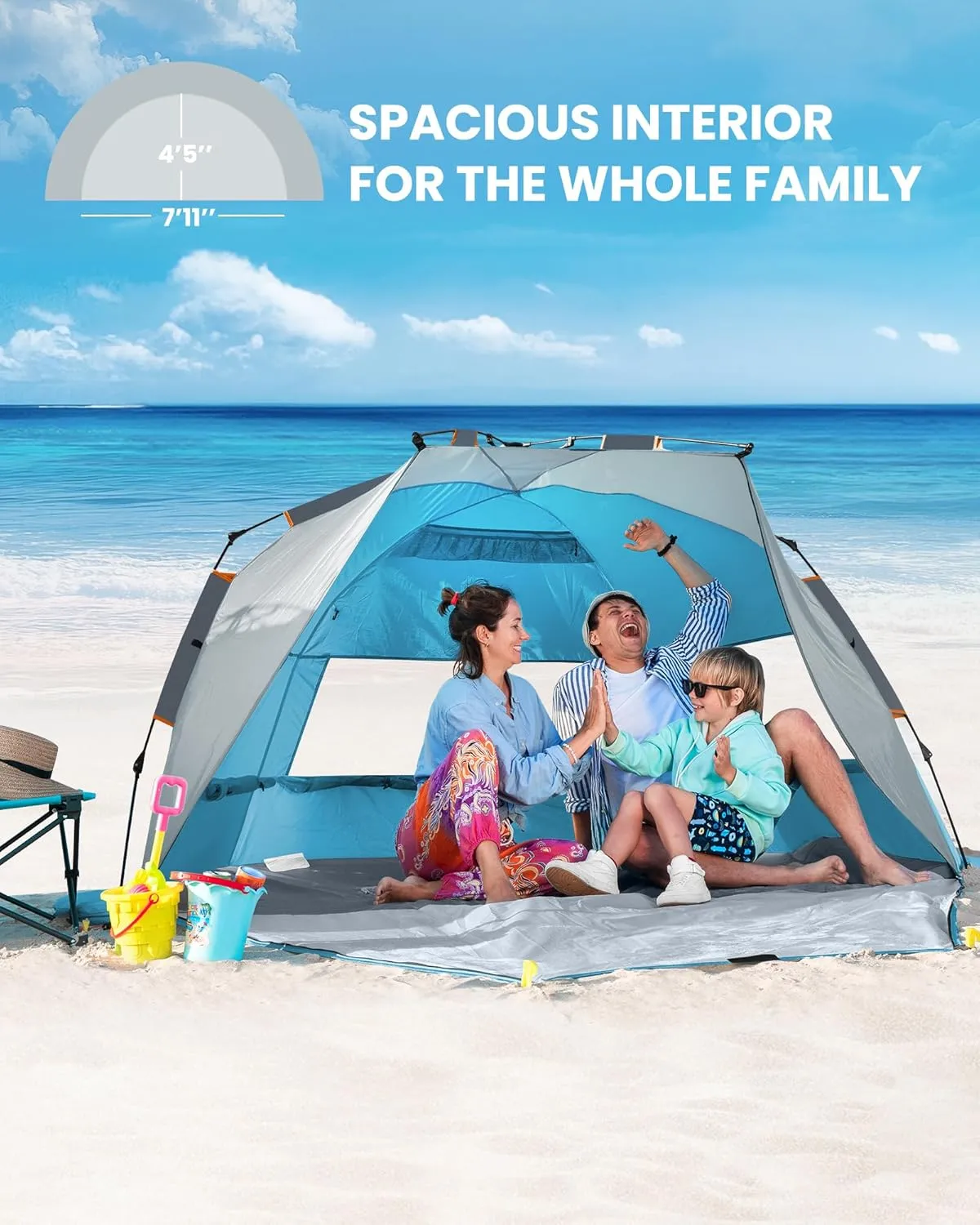 OutdoorMaster Beach Tent for 3-4 Person - Easy Setup and Portable Beach Shade Sun Shelter Canopy with UPF 50  UV Protection Removable Skylight Family Size