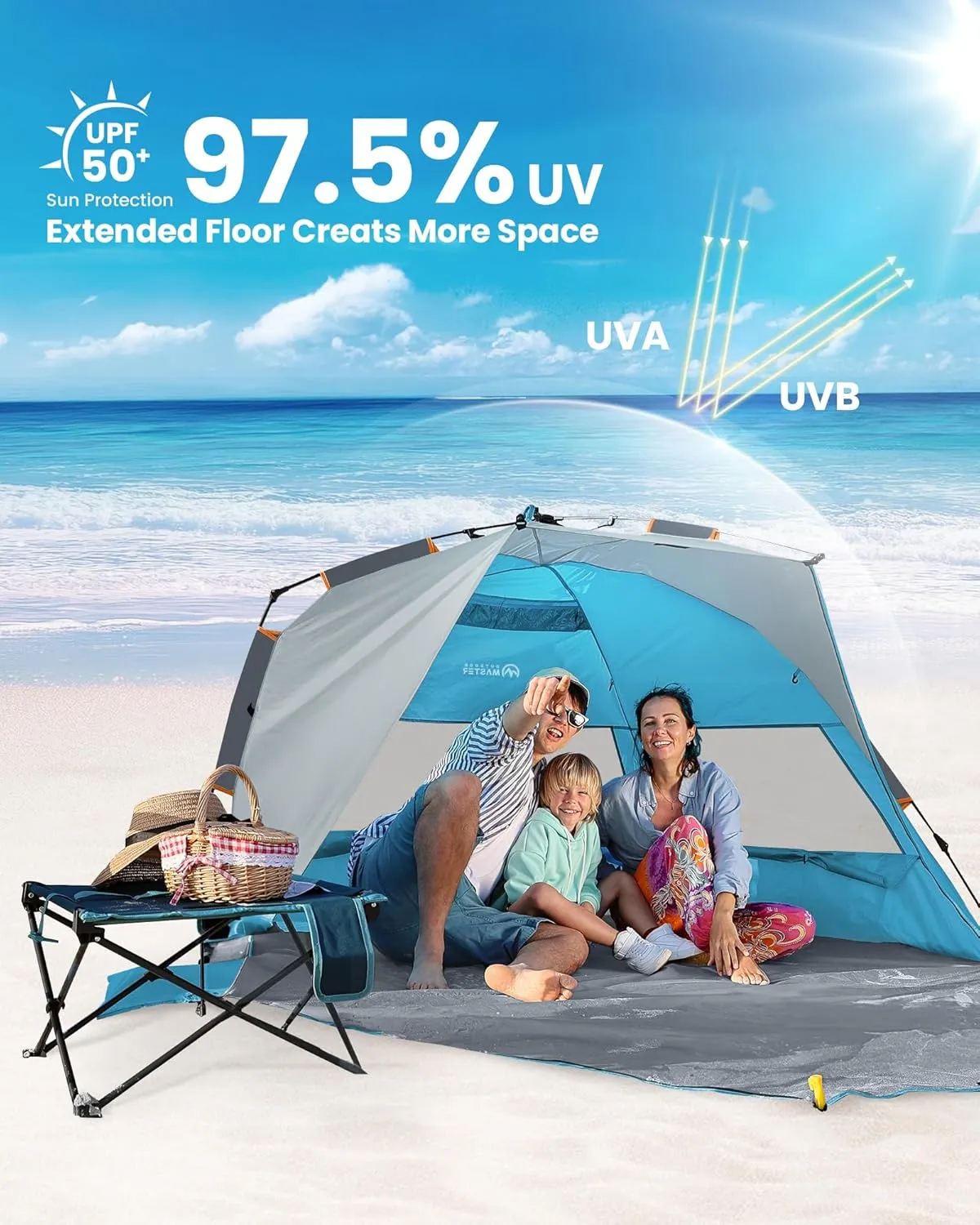 OutdoorMaster Beach Tent for 3-4 Person - Easy Setup and Portable Beach Shade Sun Shelter Canopy with UPF 50  UV Protection Removable Skylight Family Size