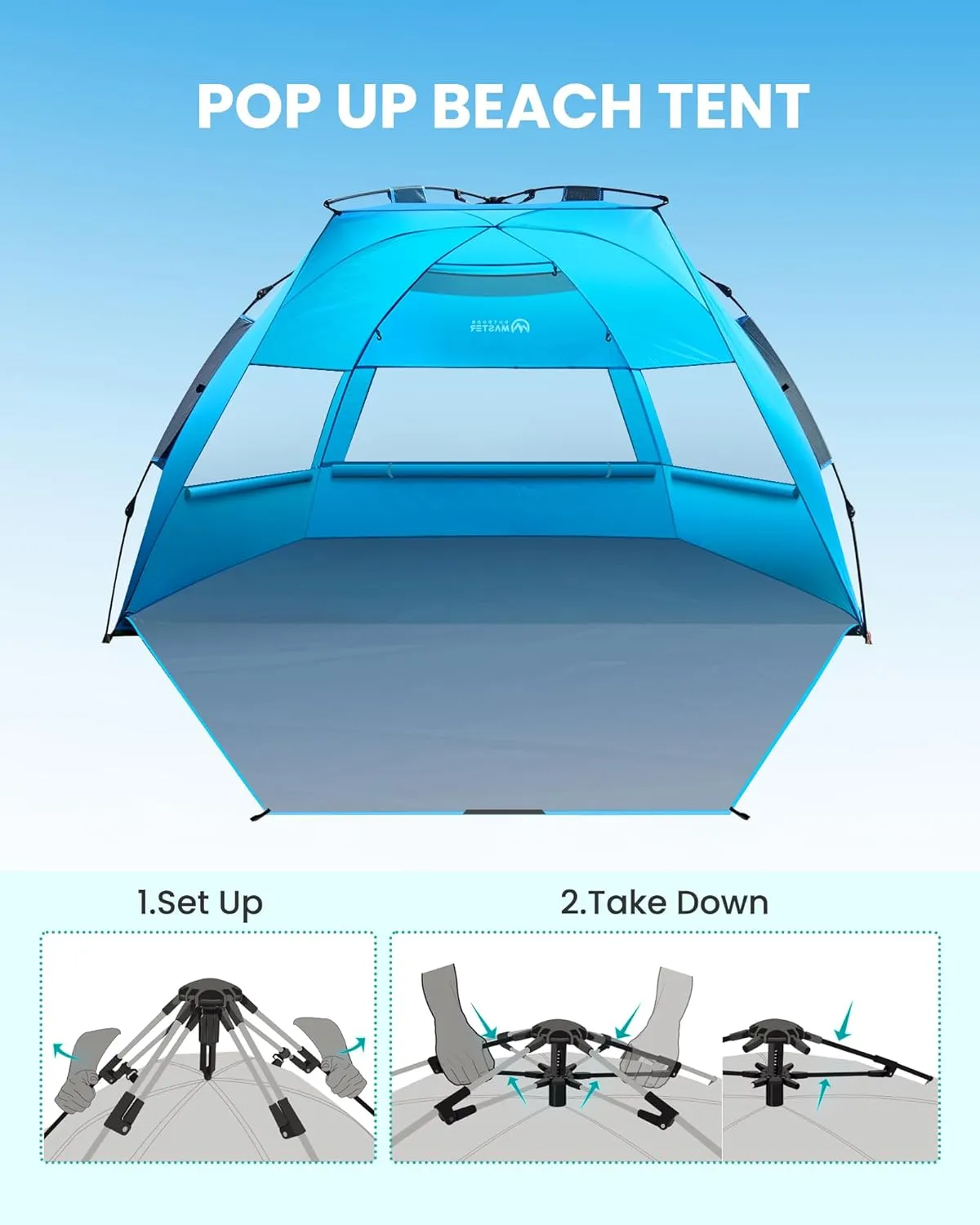 OutdoorMaster Beach Tent for 3-4 Person - Easy Setup and Portable Beach Shade Sun Shelter Canopy with UPF 50  UV Protection Removable Skylight Family Size