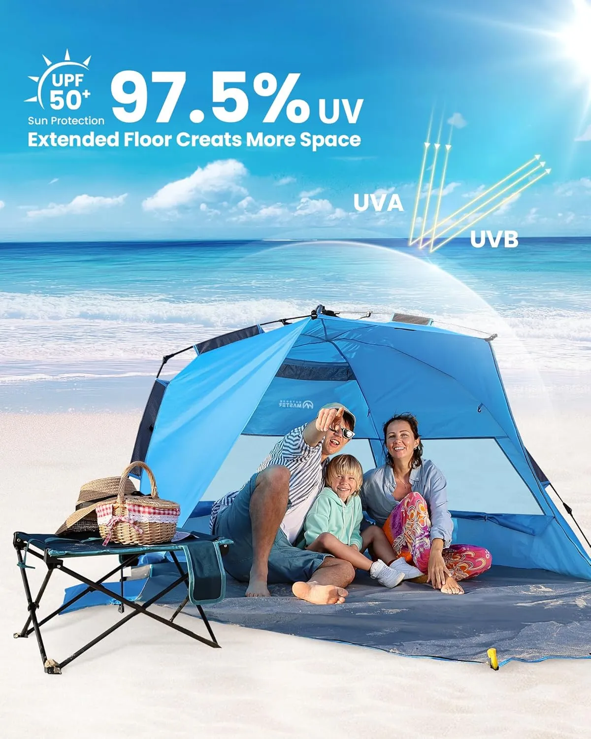 OutdoorMaster Beach Tent for 3-4 Person - Easy Setup and Portable Beach Shade Sun Shelter Canopy with UPF 50  UV Protection Removable Skylight Family Size