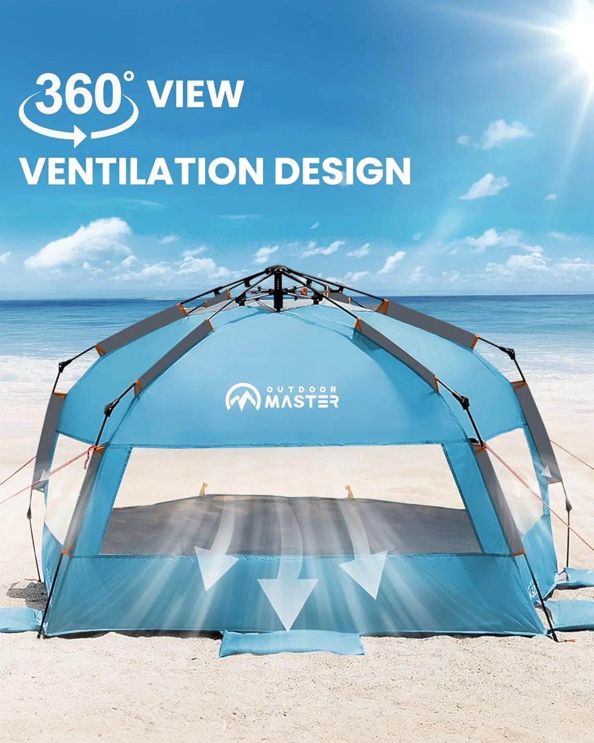 OutdoorMaster Beach Tent for 3-4 Person - Easy Setup and Portable Beach Shade Sun Shelter Canopy with UPF 50  UV Protection Removable Skylight Family Size