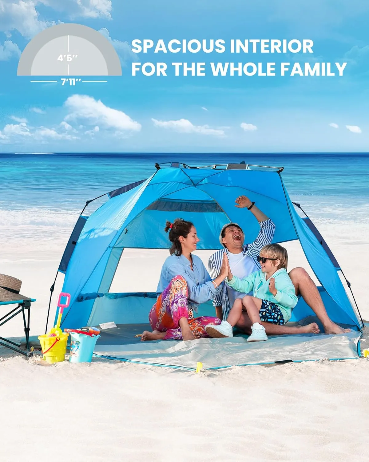OutdoorMaster Beach Tent for 3-4 Person - Easy Setup and Portable Beach Shade Sun Shelter Canopy with UPF 50  UV Protection Removable Skylight Family Size