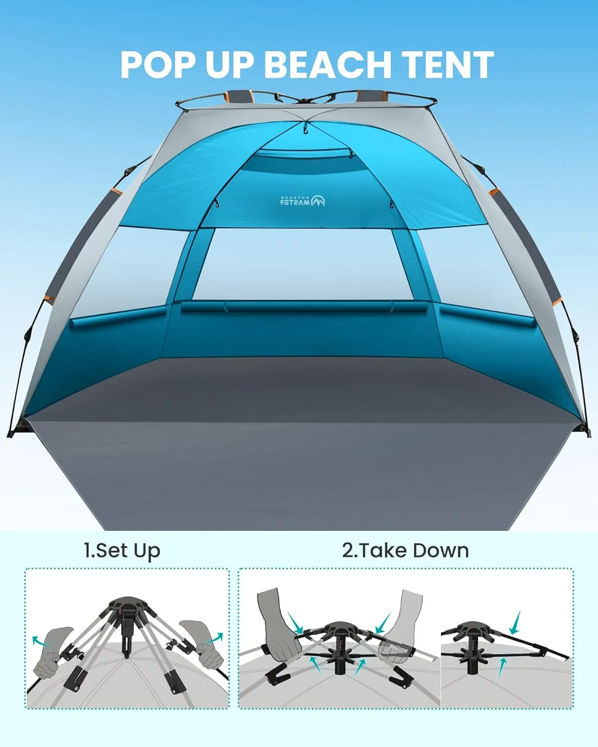 OutdoorMaster Beach Tent for 3-4 Person - Easy Setup and Portable Beach Shade Sun Shelter Canopy with UPF 50  UV Protection Removable Skylight Family Size