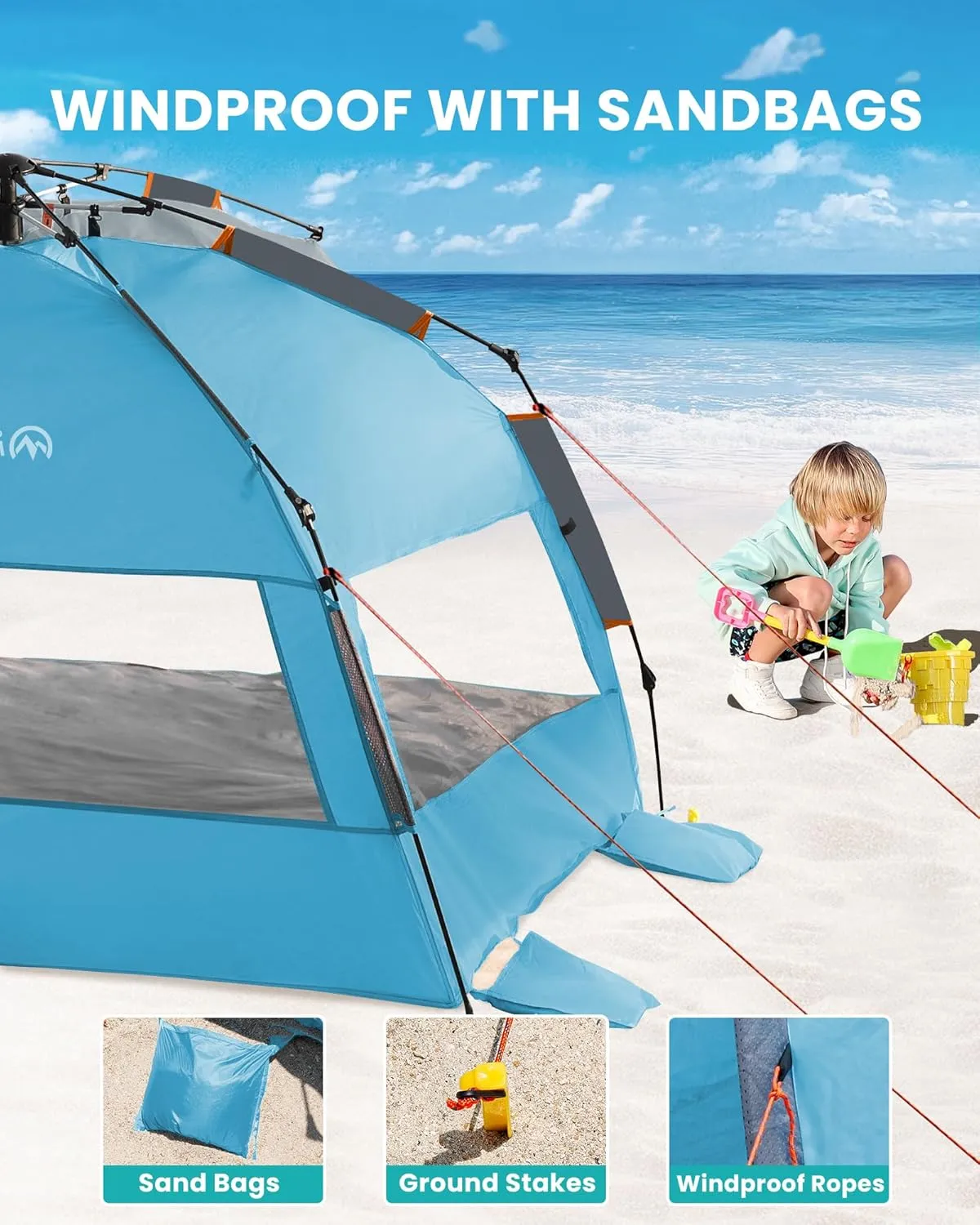 OutdoorMaster Beach Tent for 3-4 Person - Easy Setup and Portable Beach Shade Sun Shelter Canopy with UPF 50  UV Protection Removable Skylight Family Size