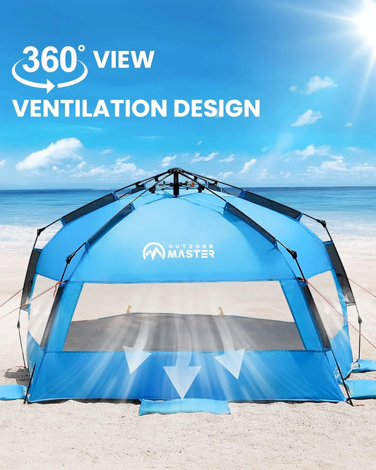 OutdoorMaster Beach Tent for 3-4 Person - Easy Setup and Portable Beach Shade Sun Shelter Canopy with UPF 50  UV Protection Removable Skylight Family Size