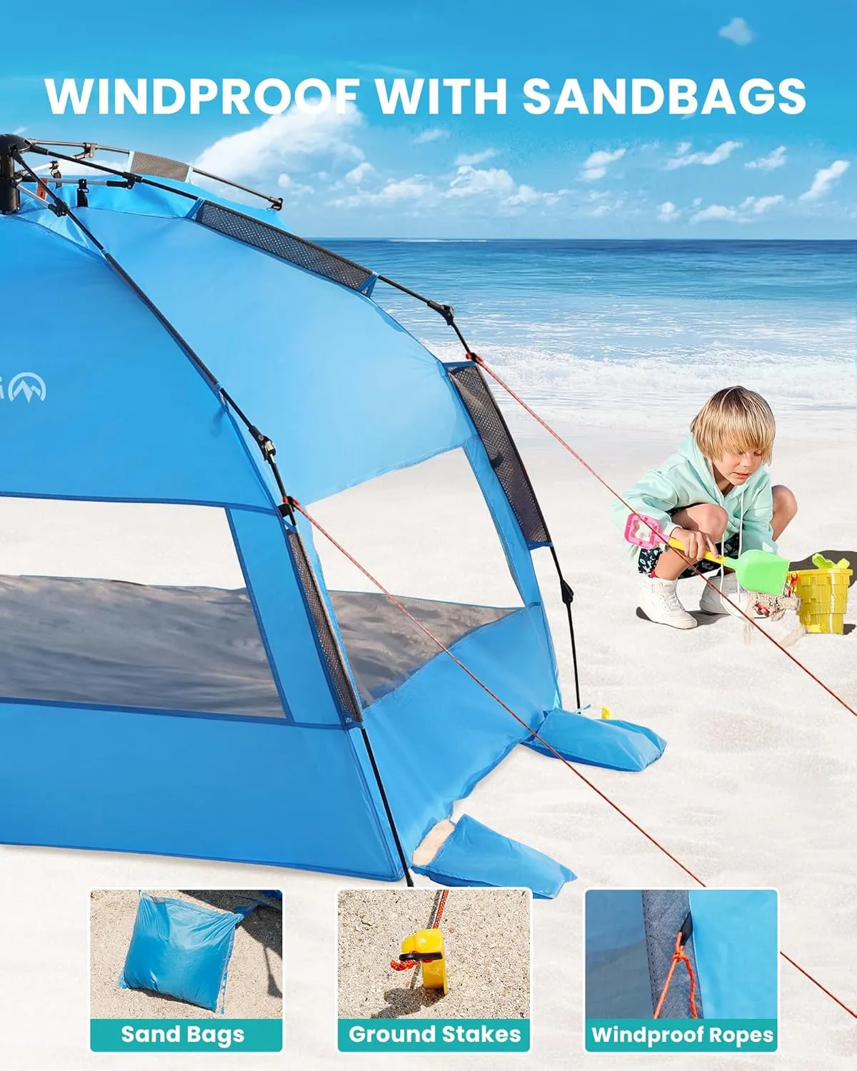 OutdoorMaster Beach Tent for 3-4 Person - Easy Setup and Portable Beach Shade Sun Shelter Canopy with UPF 50  UV Protection Removable Skylight Family Size