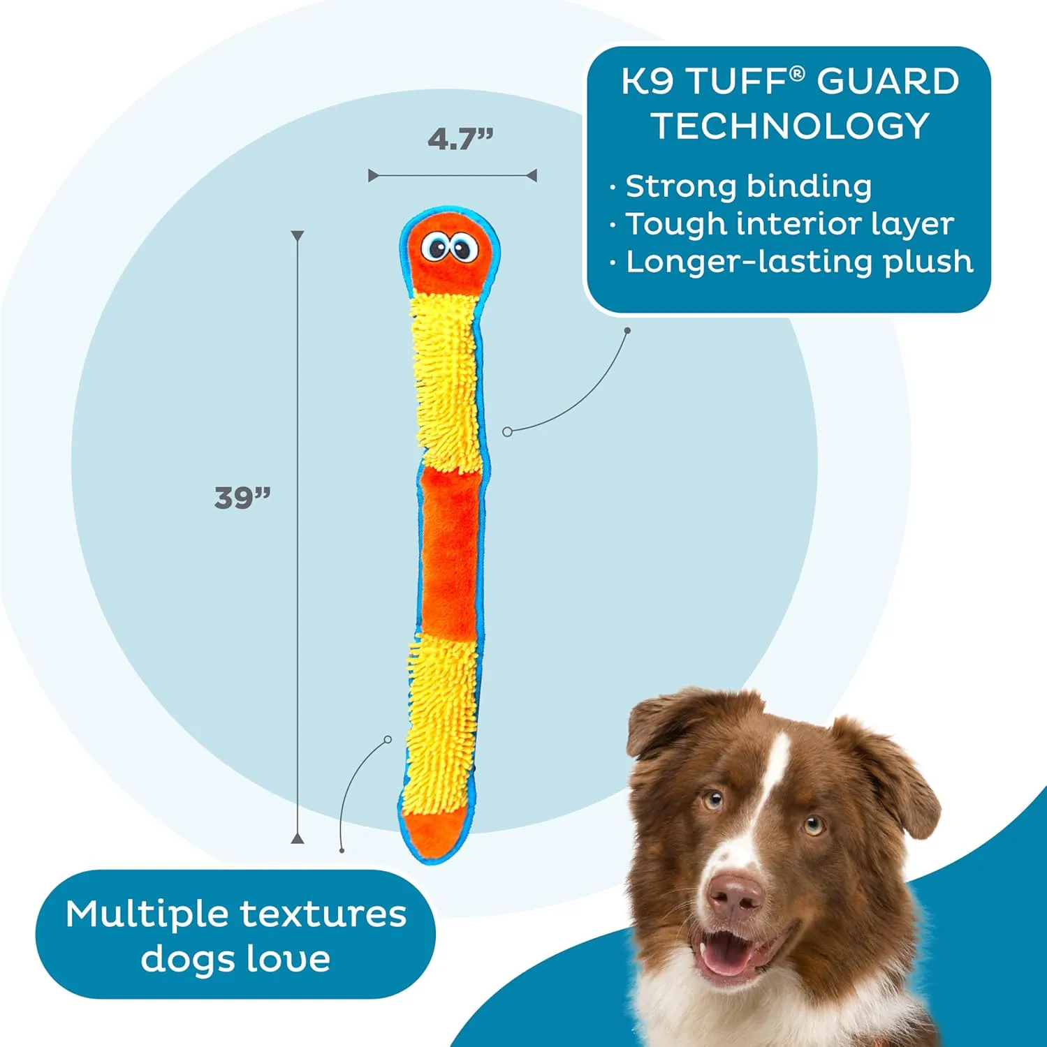 Outward Hound Durablez Stuffing-Free Squeaky Interactive Dog Toy, Tough Plush, Nubby Snake, Blue, XL