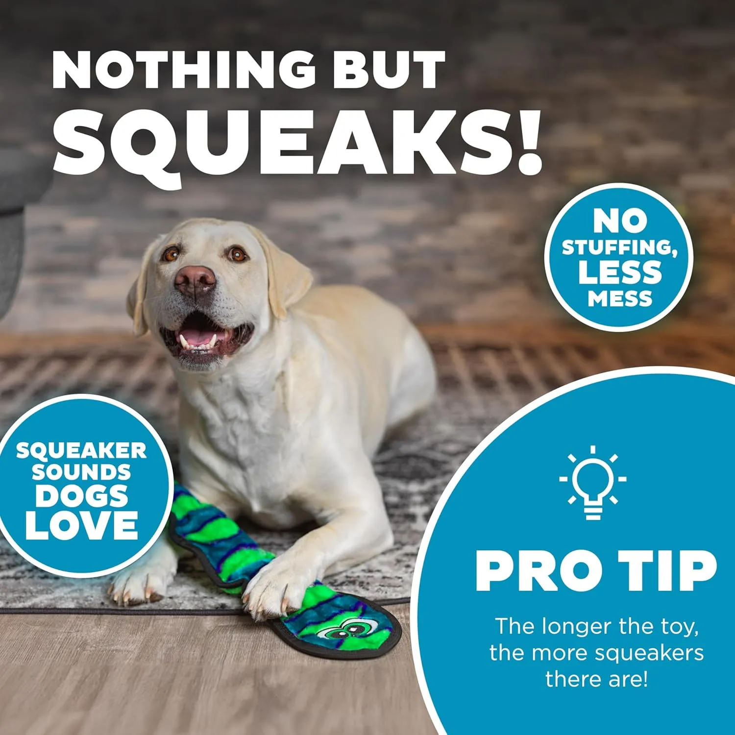 Outward Hound Durablez Stuffing-Free Squeaky Interactive Dog Toy, Tough Plush, Snake, Blue, Large