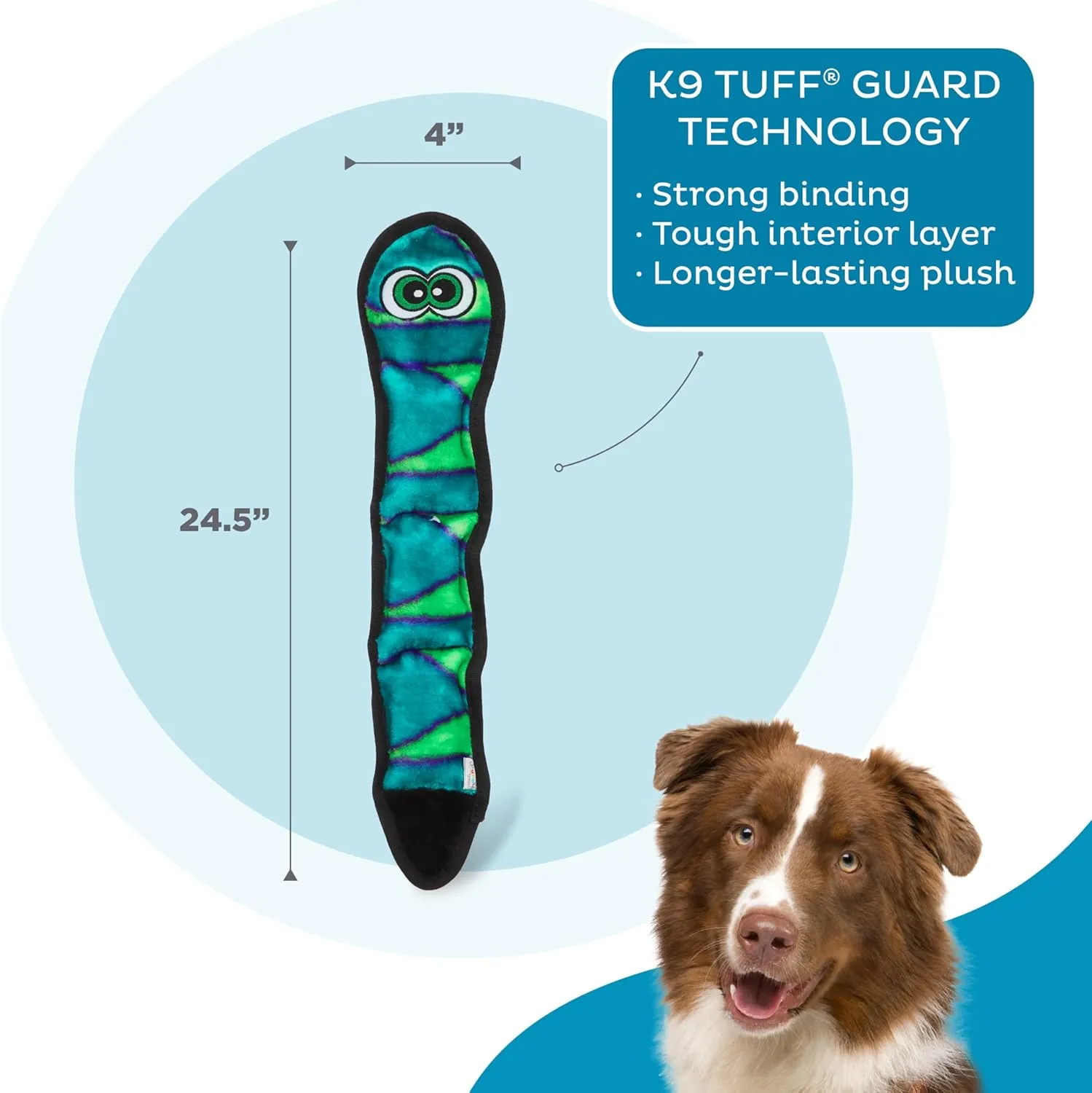 Outward Hound Durablez Stuffing-Free Squeaky Interactive Dog Toy, Tough Plush, Snake, Blue, Large