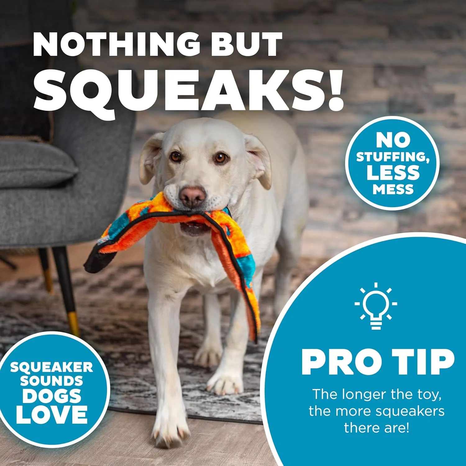 Outward Hound Durablez Stuffing-Free Squeaky Interactive Dog Toy, Tough Plush, Snake, Orange, Large