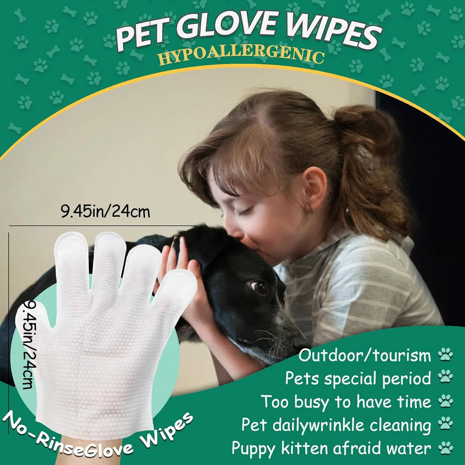 Pet Cleaning and Deodorizing Bathing Grooming Glove Wipes for Dogs and Cats, Extra Thick Nourish Fur No-Rinse Grooming Wipes for Daily Care and Travel, Hypoallergenic, 10 pcs