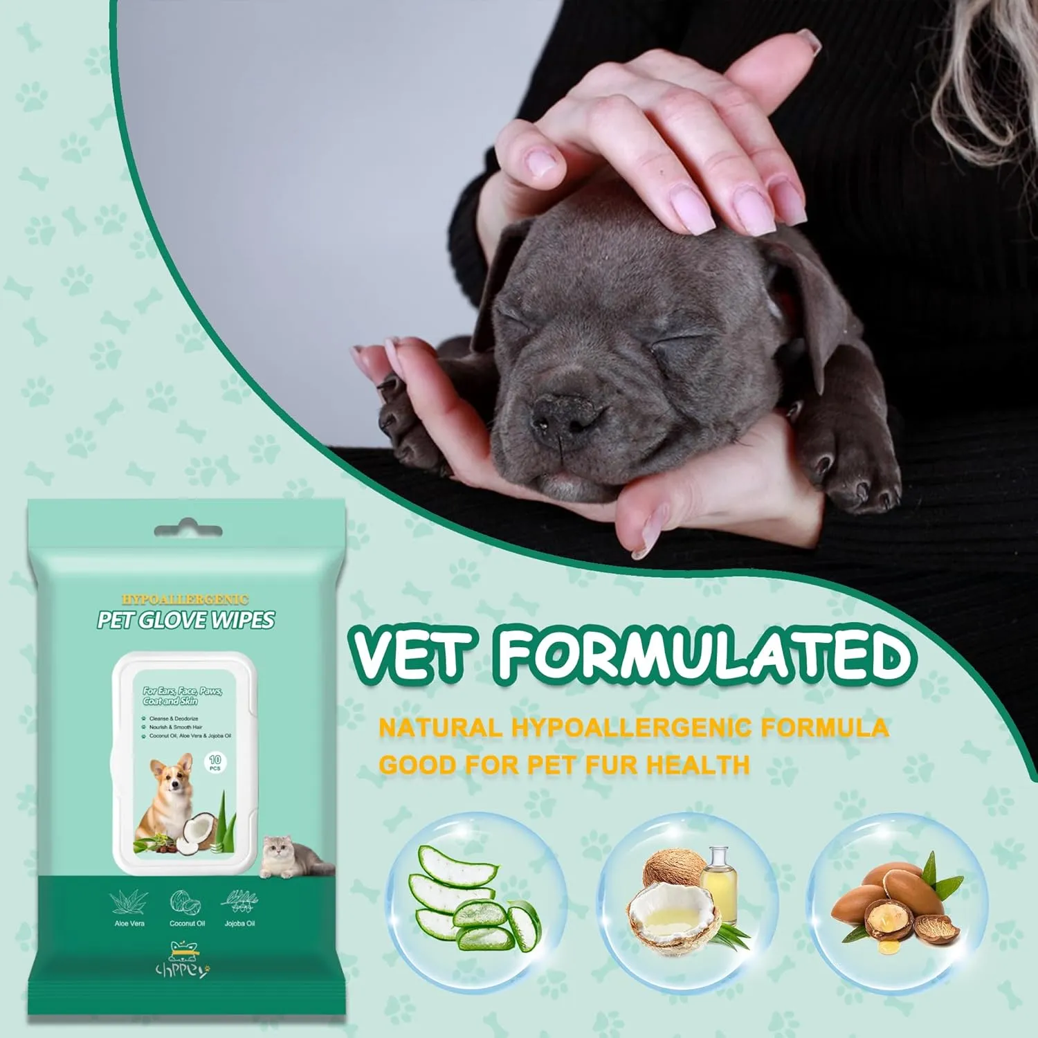 Pet Cleaning and Deodorizing Bathing Grooming Glove Wipes for Dogs and Cats, Extra Thick Nourish Fur No-Rinse Grooming Wipes for Daily Care and Travel, Hypoallergenic, 10 pcs