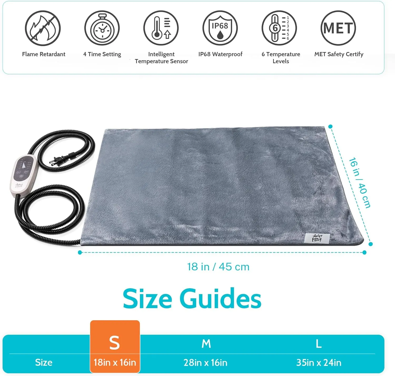 Pet Heating Pad, 6 Adjustable Temperature Dog Cat Heating Pad with Timer, Waterproof Heating Pad Indoor for Dogs with Chew Resistant Cord (S:18" x 16")