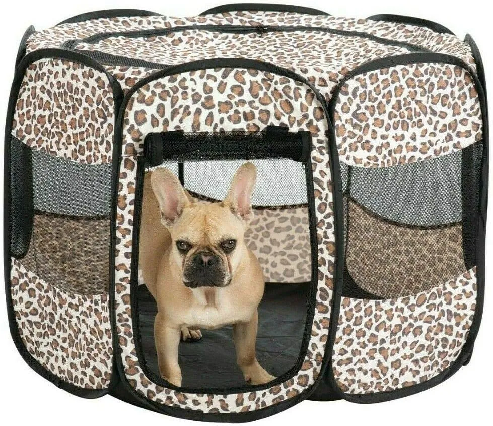 Pet Tent Portable Foldable Pet Playpen for Dogs- Indoor and Outdoor Use, Small/Medium Sized Pets - Pop-Up Traveling Kennel (Leopard, Medium)