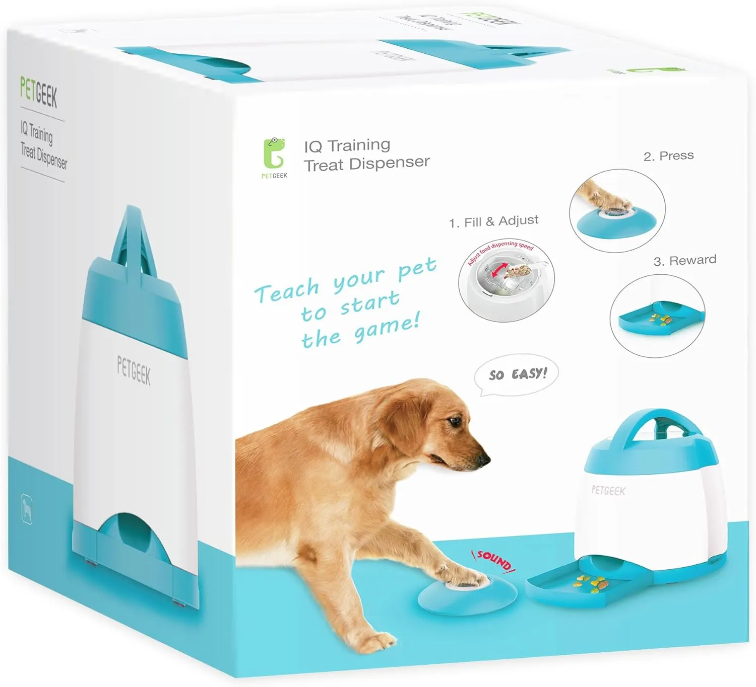PETGEEK Automatic Dog Treat Dispenser, Interactive Pet Toy Food Dispensing for IQ Training, Dog Food Dispenser with Button Remote Push, Dual Power Supply for Indoor Outdoor Use, Blue