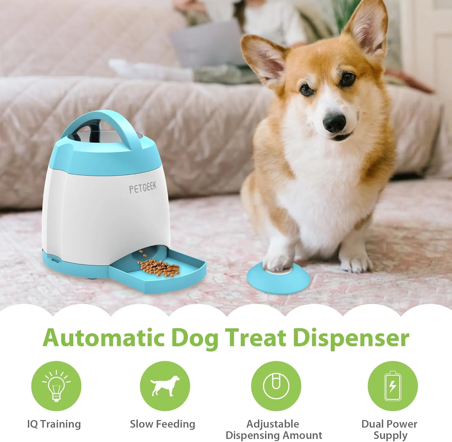 PETGEEK Automatic Dog Treat Dispenser, Interactive Pet Toy Food Dispensing for IQ Training, Dog Food Dispenser with Button Remote Push, Dual Power Supply for Indoor Outdoor Use, Blue