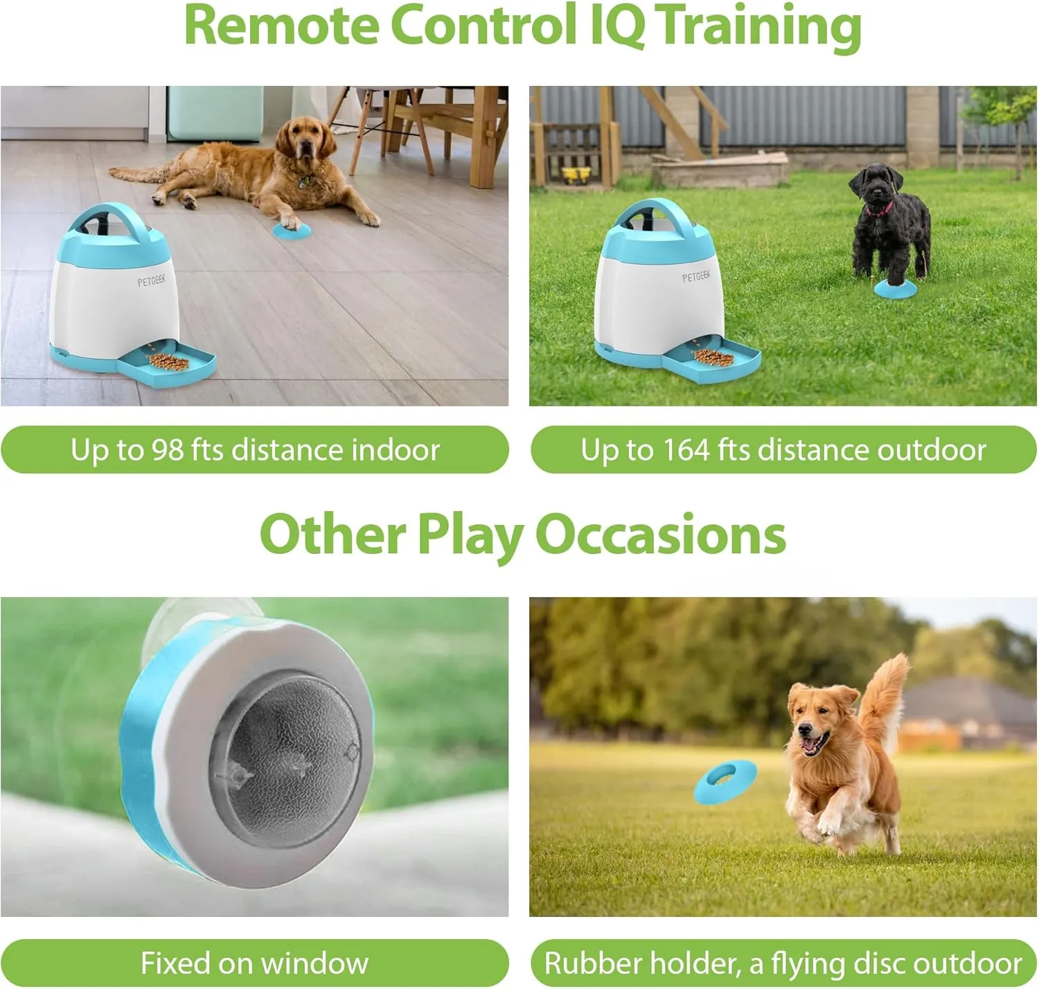 PETGEEK Automatic Dog Treat Dispenser, Interactive Pet Toy Food Dispensing for IQ Training, Dog Food Dispenser with Button Remote Push, Dual Power Supply for Indoor Outdoor Use, Blue