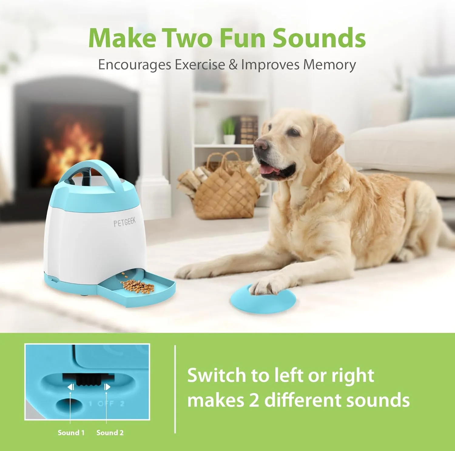 PETGEEK Automatic Dog Treat Dispenser, Interactive Pet Toy Food Dispensing for IQ Training, Dog Food Dispenser with Button Remote Push, Dual Power Supply for Indoor Outdoor Use, Blue