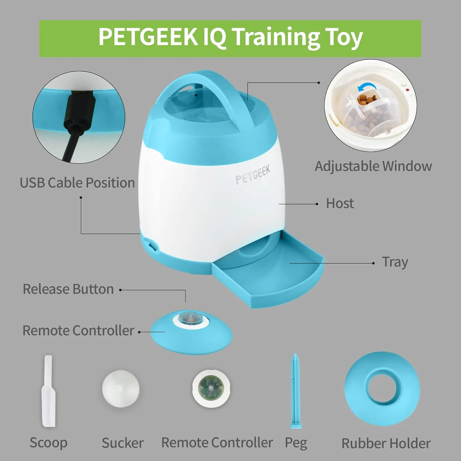PETGEEK Automatic Dog Treat Dispenser, Interactive Pet Toy Food Dispensing for IQ Training, Dog Food Dispenser with Button Remote Push, Dual Power Supply for Indoor Outdoor Use, Blue